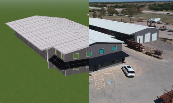 Elite Steel & Supply aerial view of headquarters and 3D rendering.